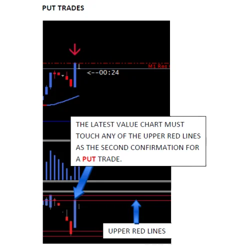Value chart touching an upper red line for a put trade