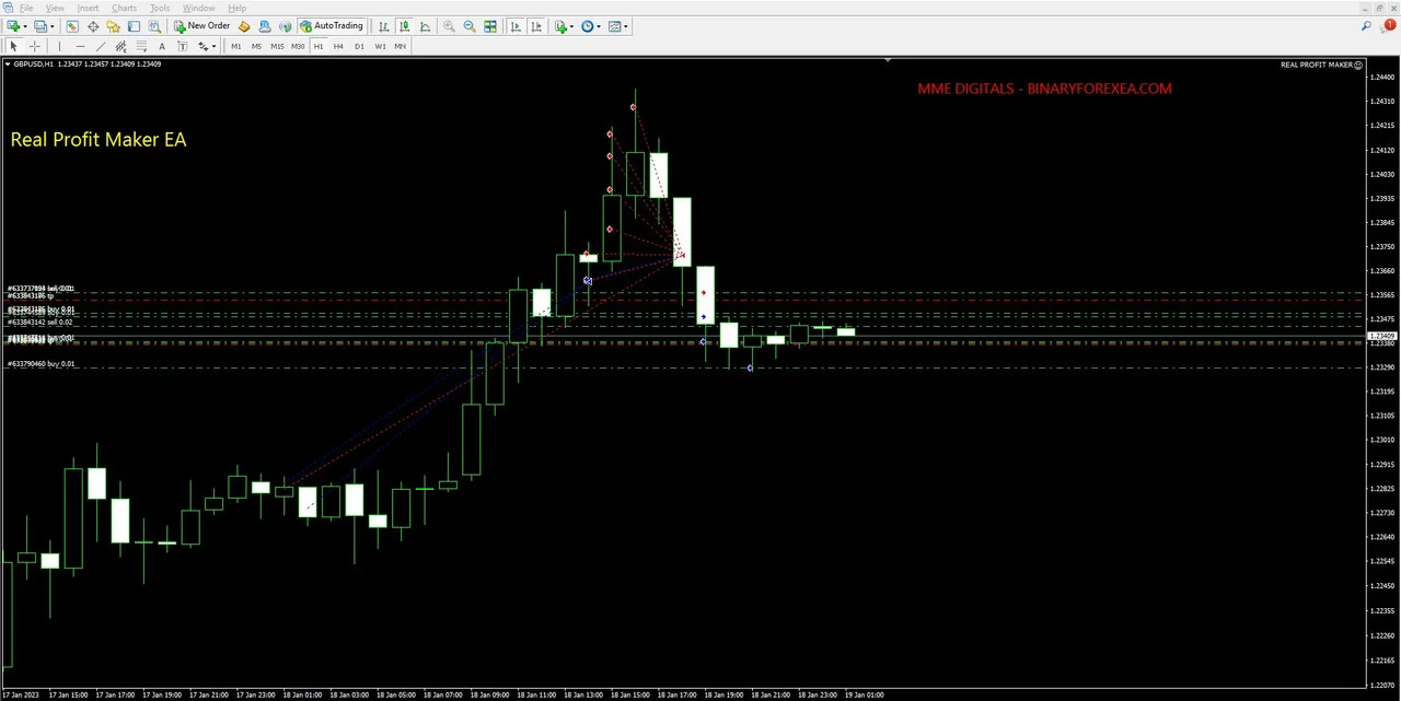 Real Profit Maker EA panel on a GBPUSD H1 chart