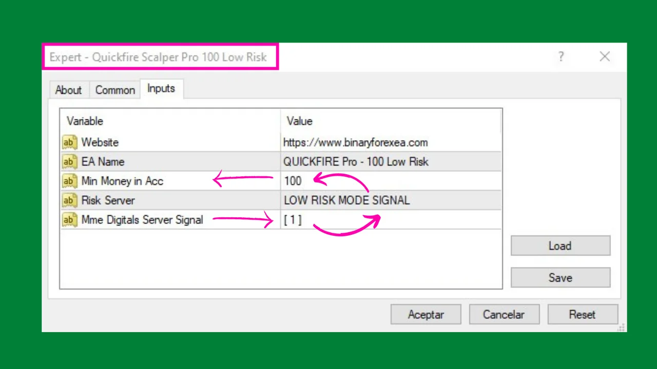 QuickFire Pro Scalping 1000 input tab in MetaTrader 4