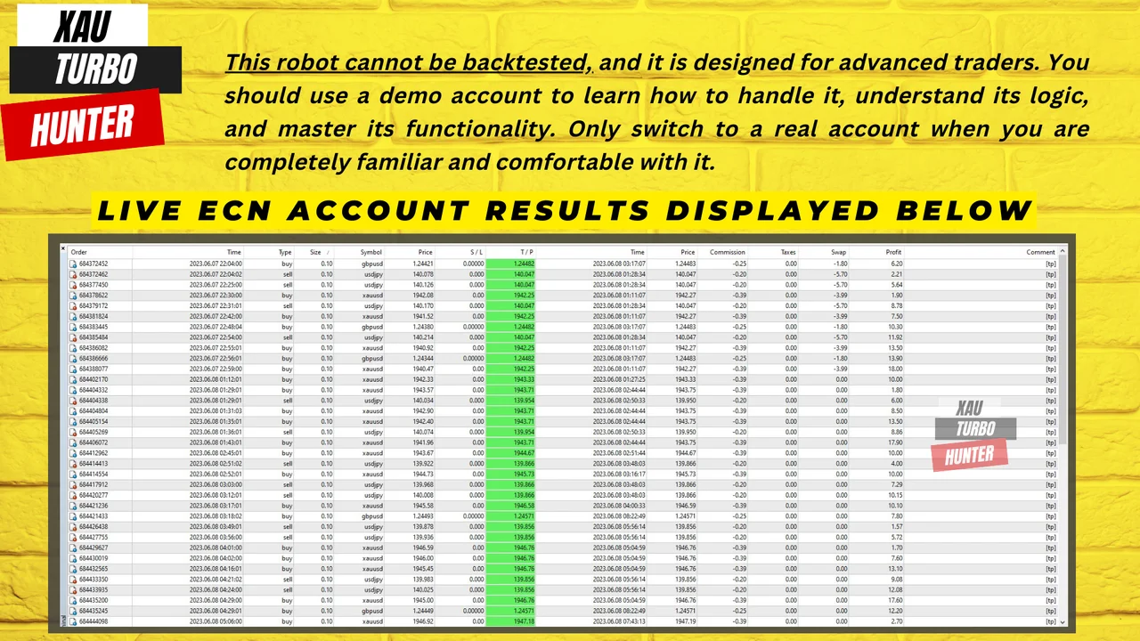 XAU Turbo Hunter EA terminal view inside MetaTrader 4