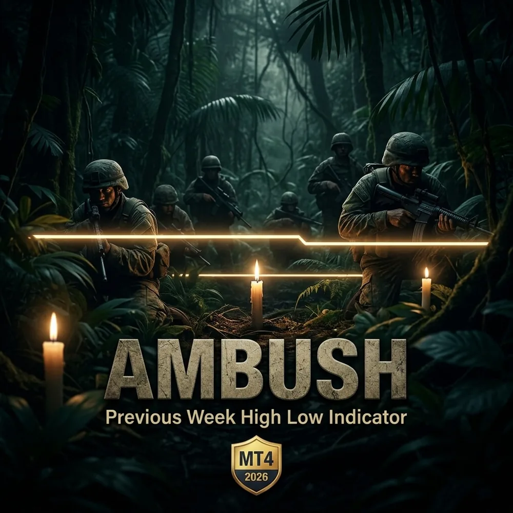 Ambush previous week high low MT4 indicator with last week levels drawn and a non repainting arrow