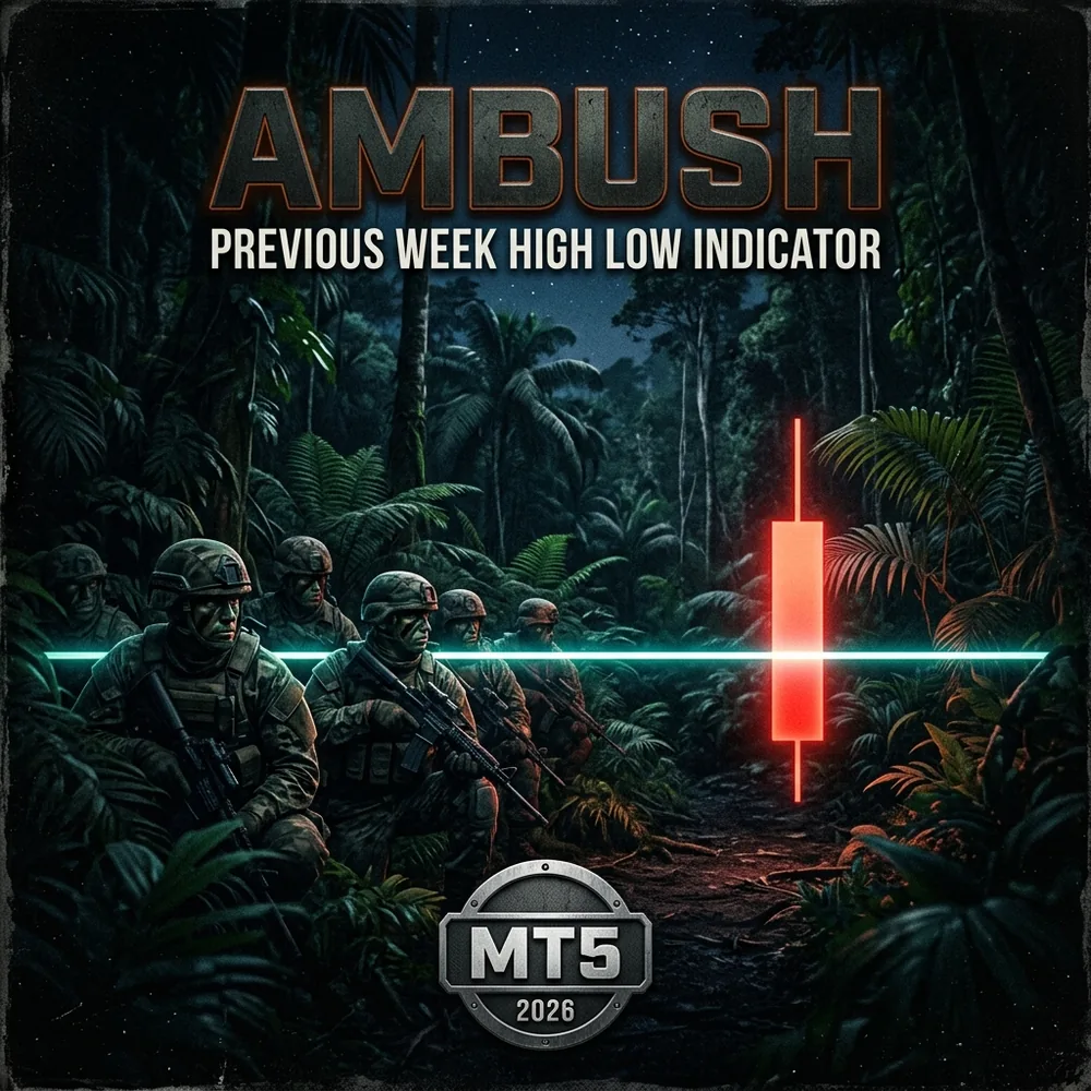 Ambush previous week high low MT5 indicator with last week levels drawn and a non repainting arrow