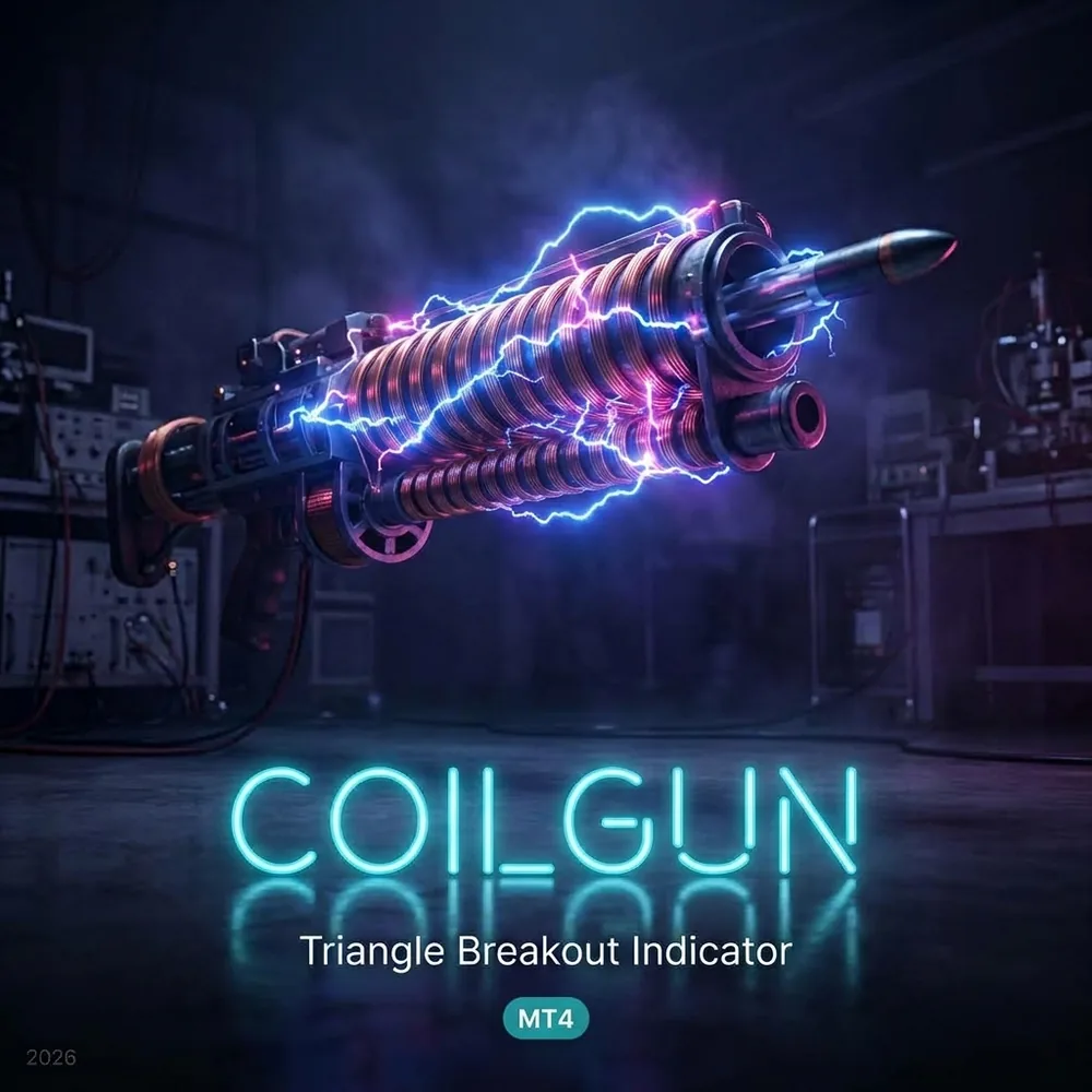 Coilgun triangle breakout MT4 indicator cover with a non repainting arrow