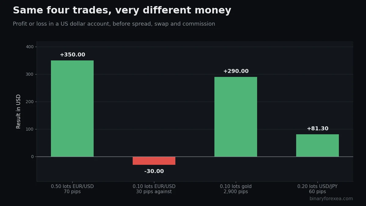 Forex profit calculator chart with the money made or lost on four example trades
