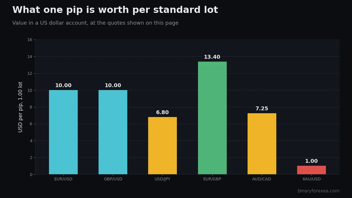 Pip value calculator chart with the value of one pip per standard lot on six instruments