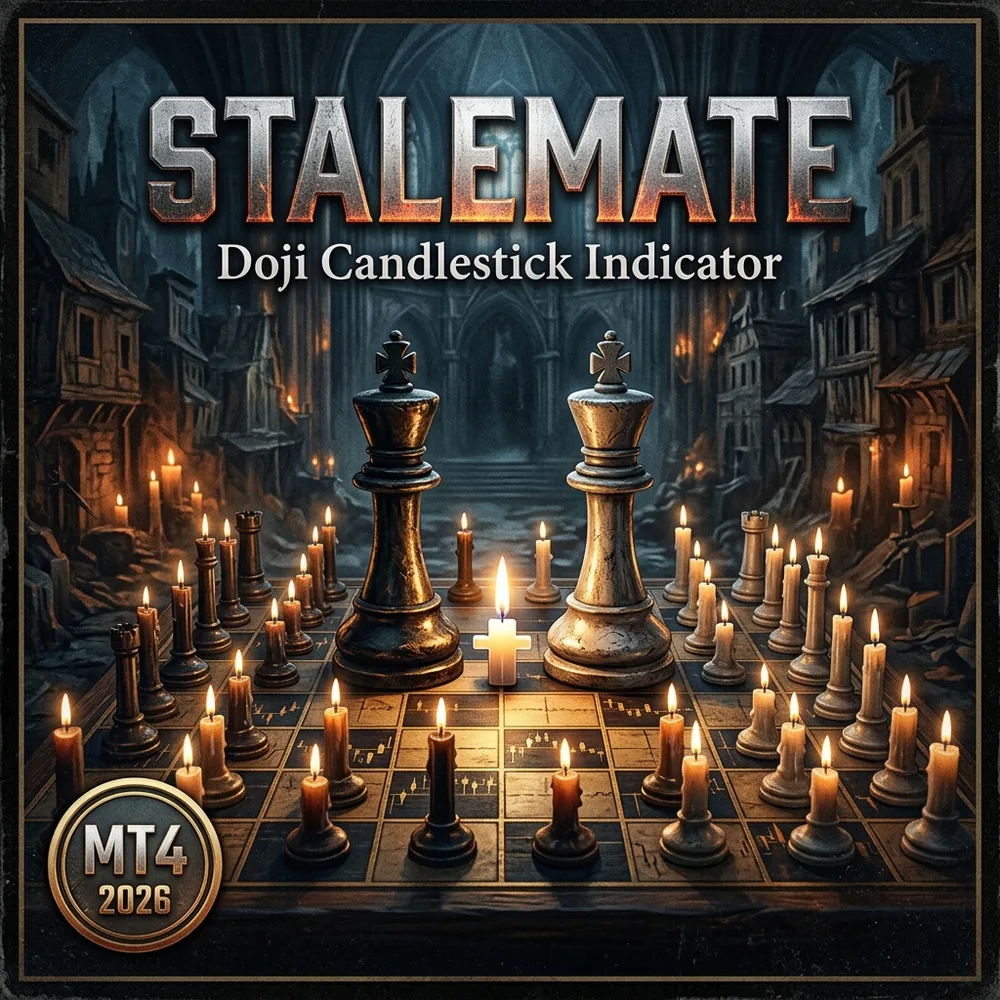 Stalemate doji candlestick indicator MT4 with a doji at an extreme and a non repainting arrow
