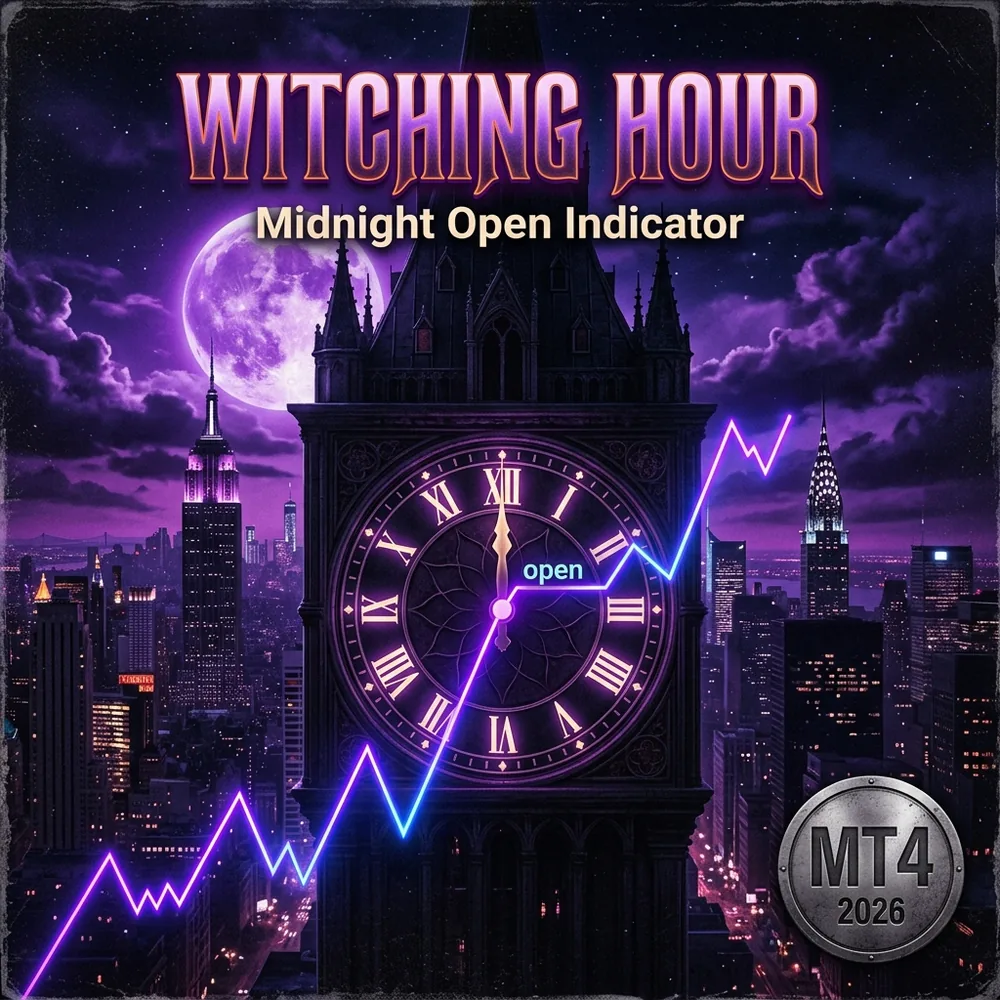 Witching Hour midnight open MT4 indicator with the midnight line and a non repainting arrow
